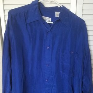 Blue silk long sleeve button up dress shirt